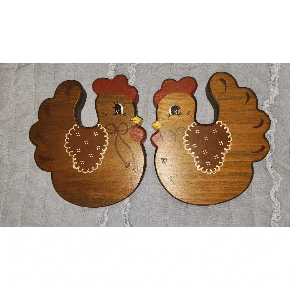 Vtg Country Primitive Handmade Wood Hen Chicken Wall Plaque Pair Of Cottagecore
